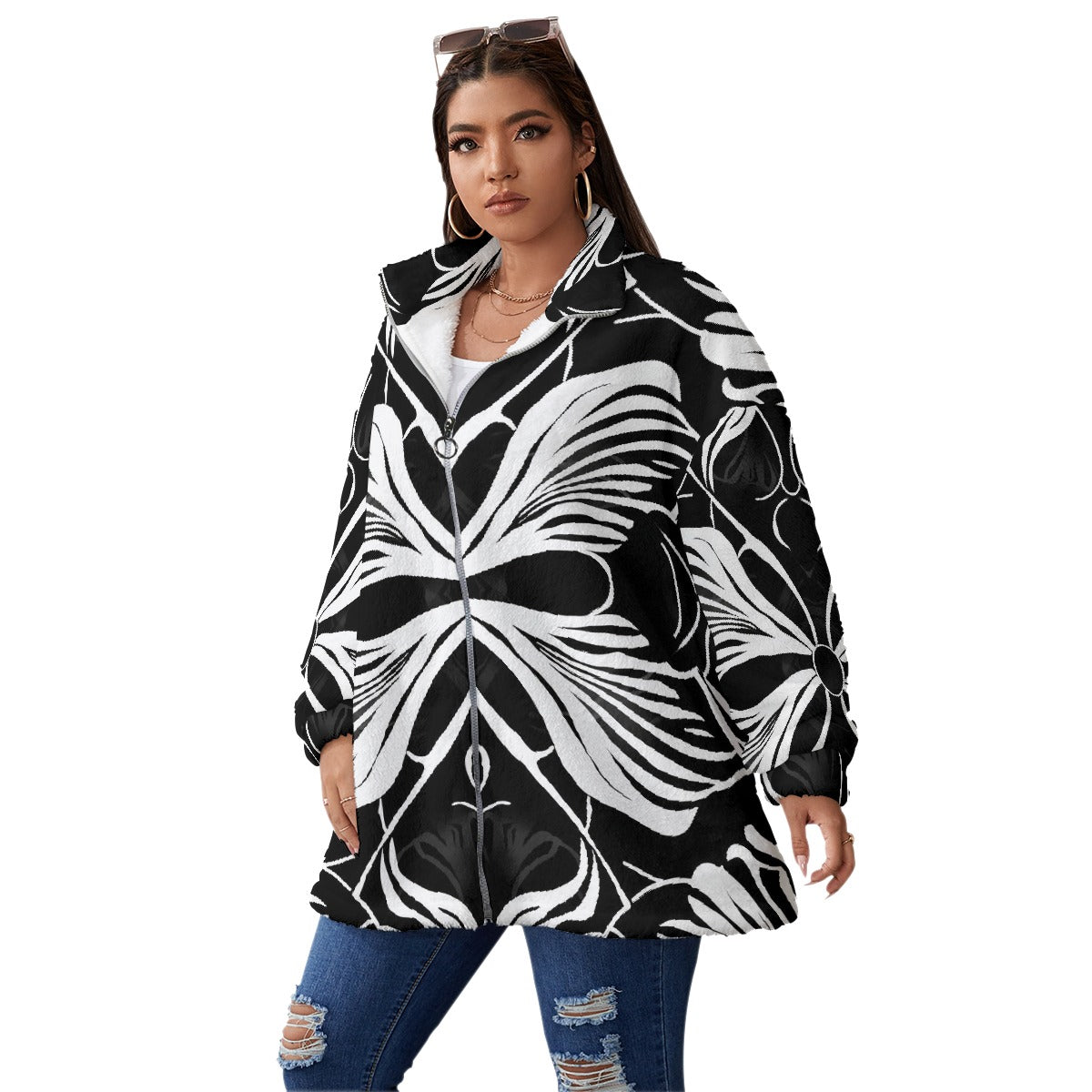 All-Over Print Unisex Borg Fleece Stand-up Collar Coat With Zipper Closure(Plus Size)