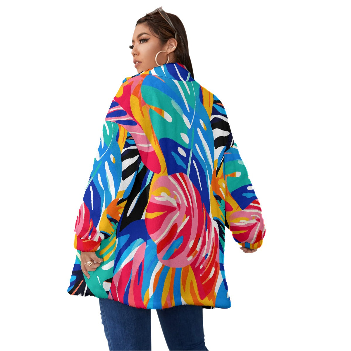 All-Over Print Unisex Borg Fleece Stand-up Collar Coat With Zipper Closure(Plus Size)