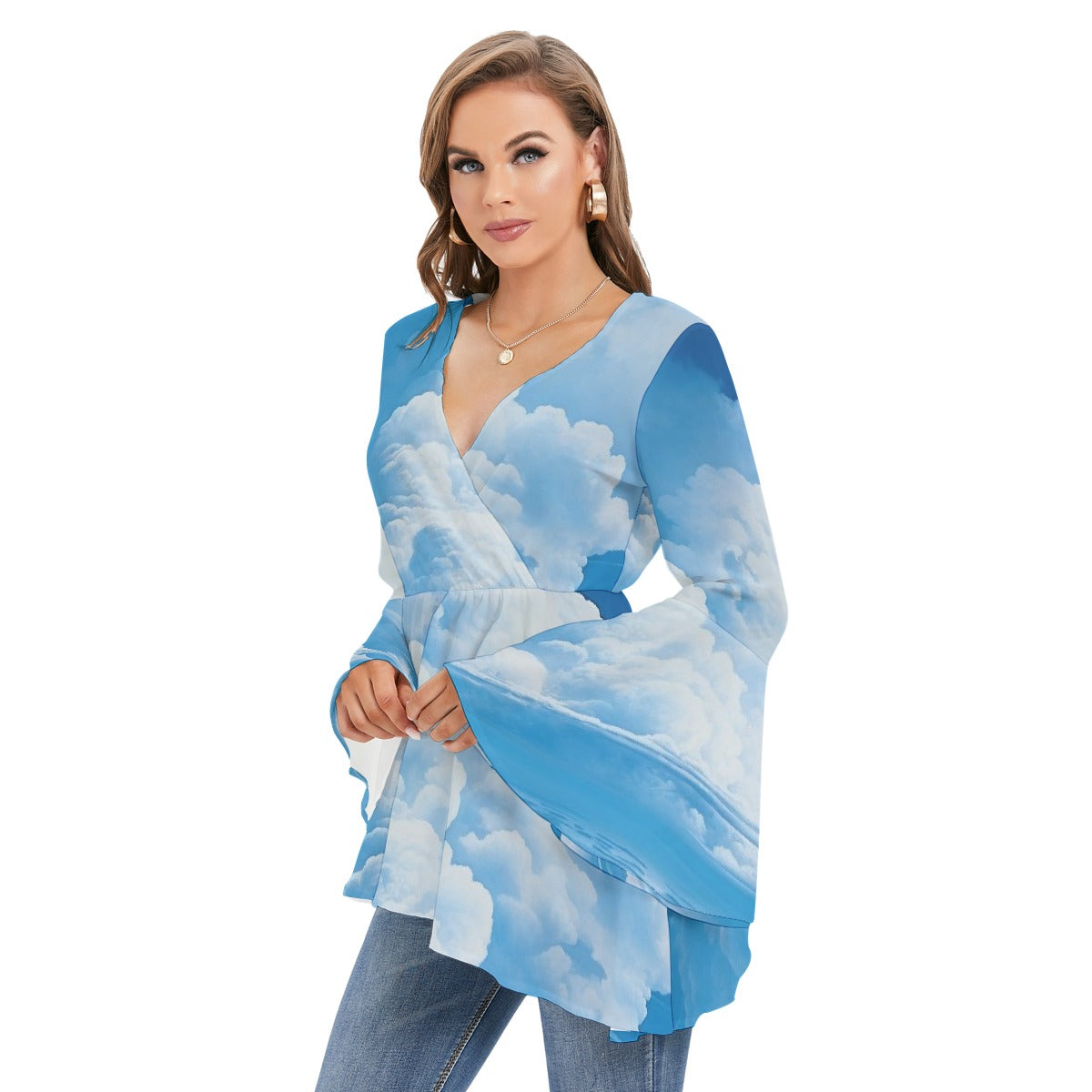 All-Over Print Women's V-neck Blouse With Flared Sleeves