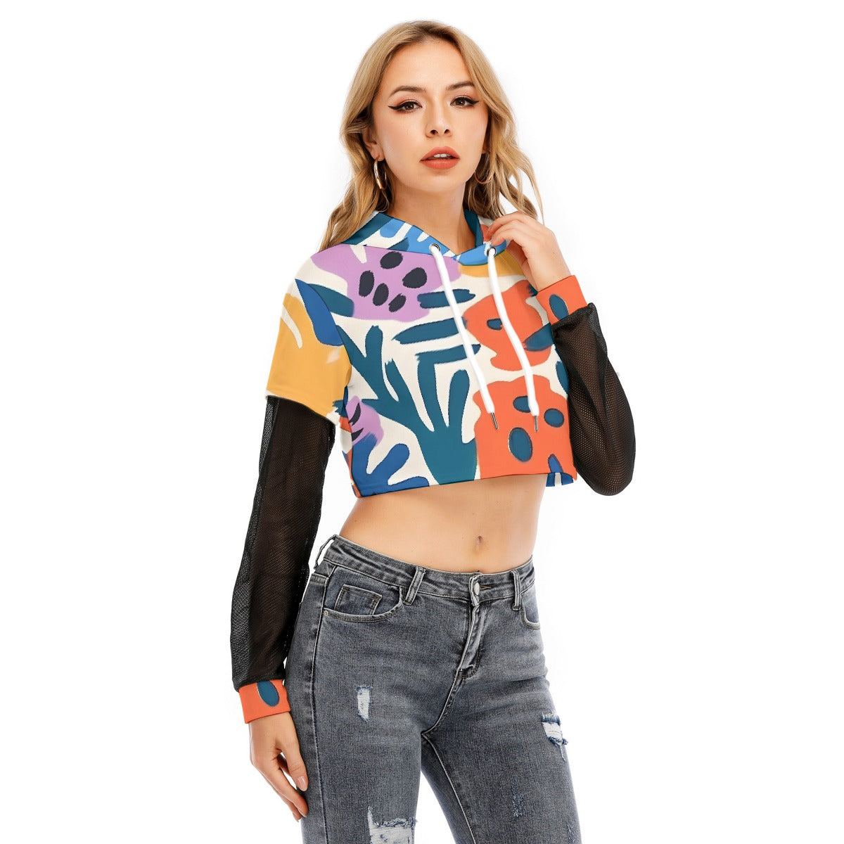 All-Over Print Women's Fake Two-piece Mesh Sleeve Cropped Hoodie
