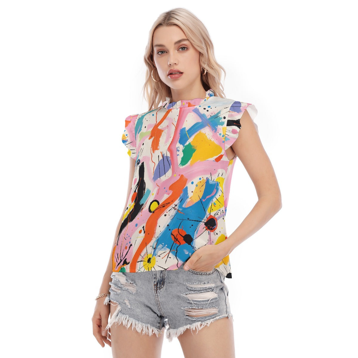 All-Over Print Women's Blouse With Ruffle Collar And Sleeve