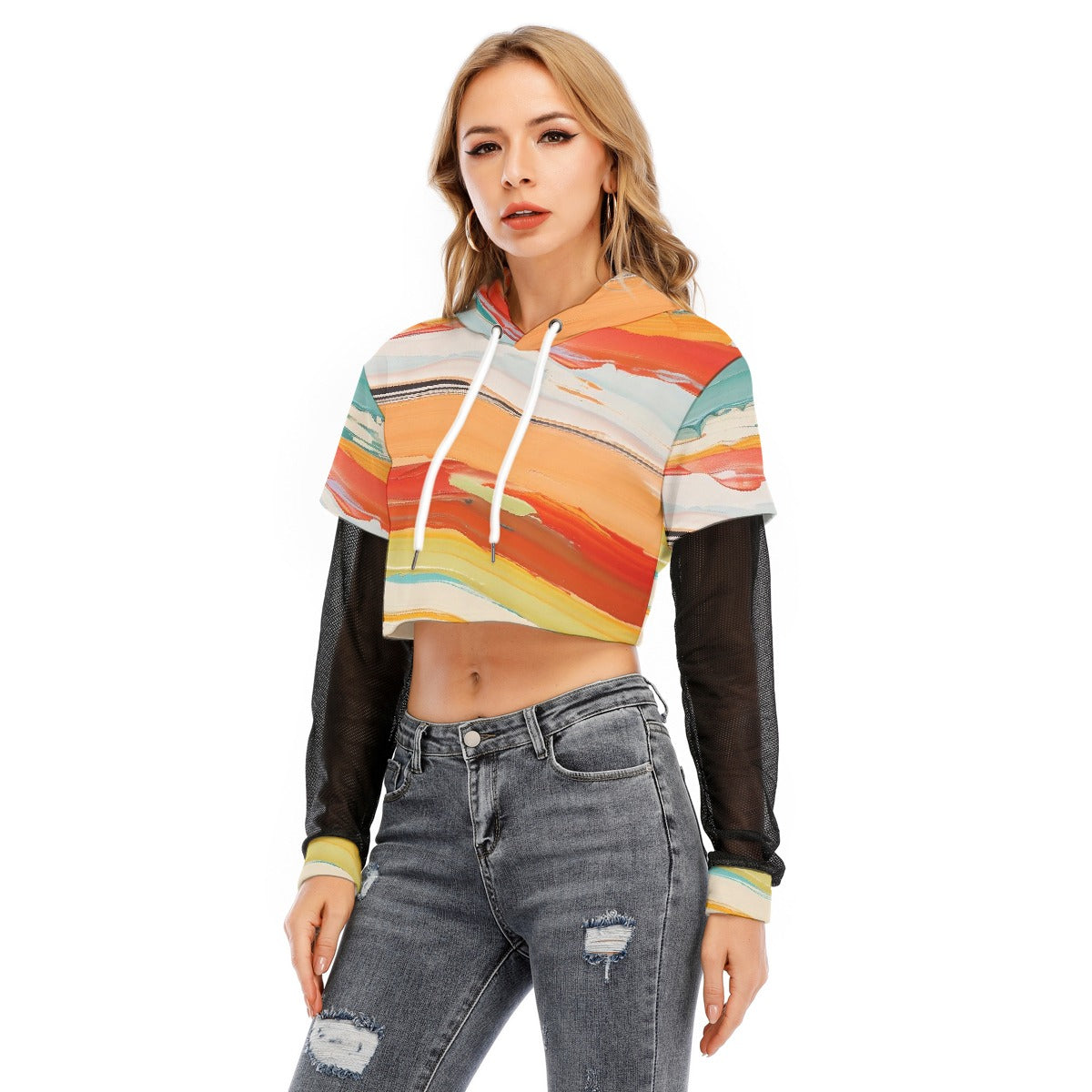 All-Over Print Women's Fake Two-piece Mesh Sleeve Cropped Hoodie