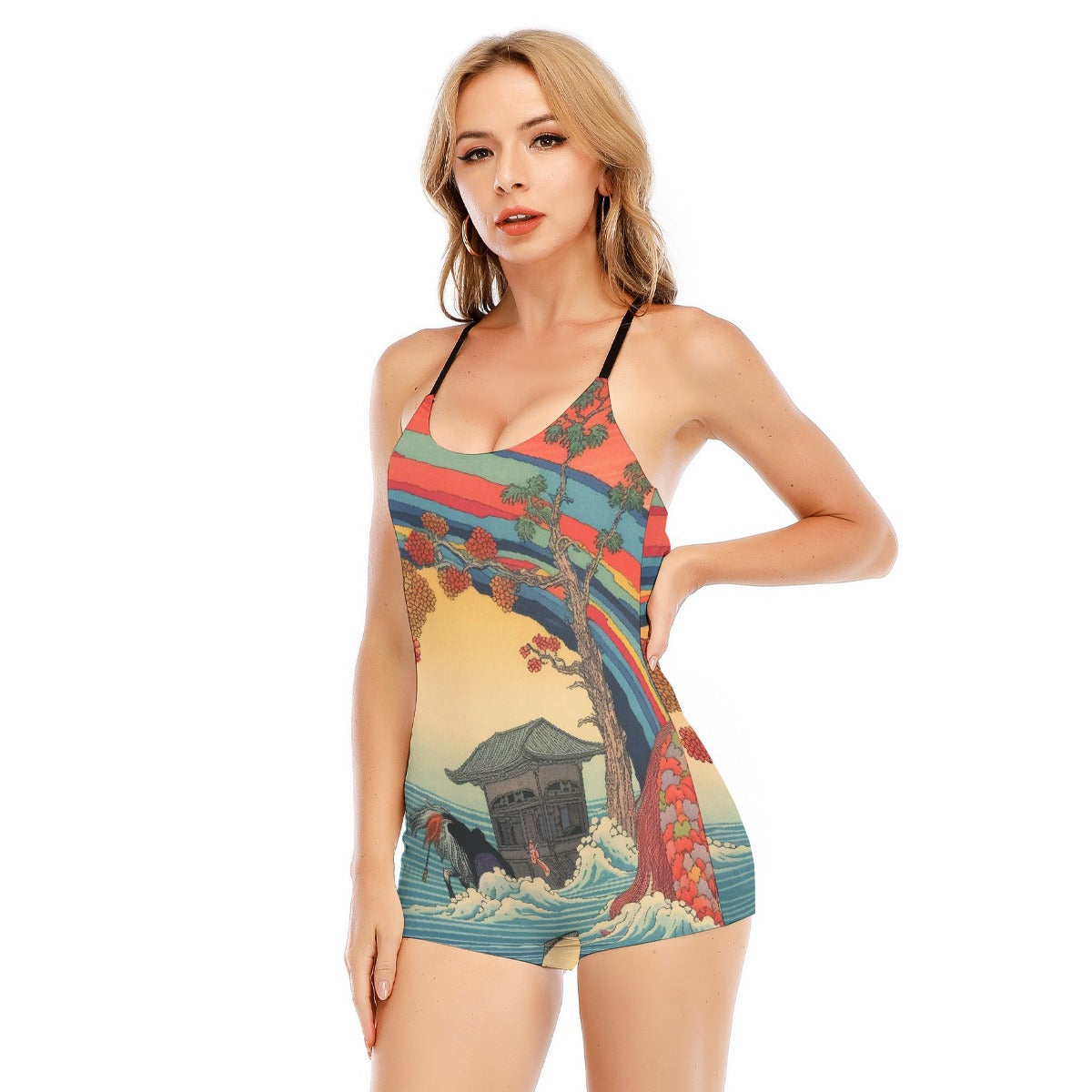 All-Over Print Women's Backless Romper With Black Straps