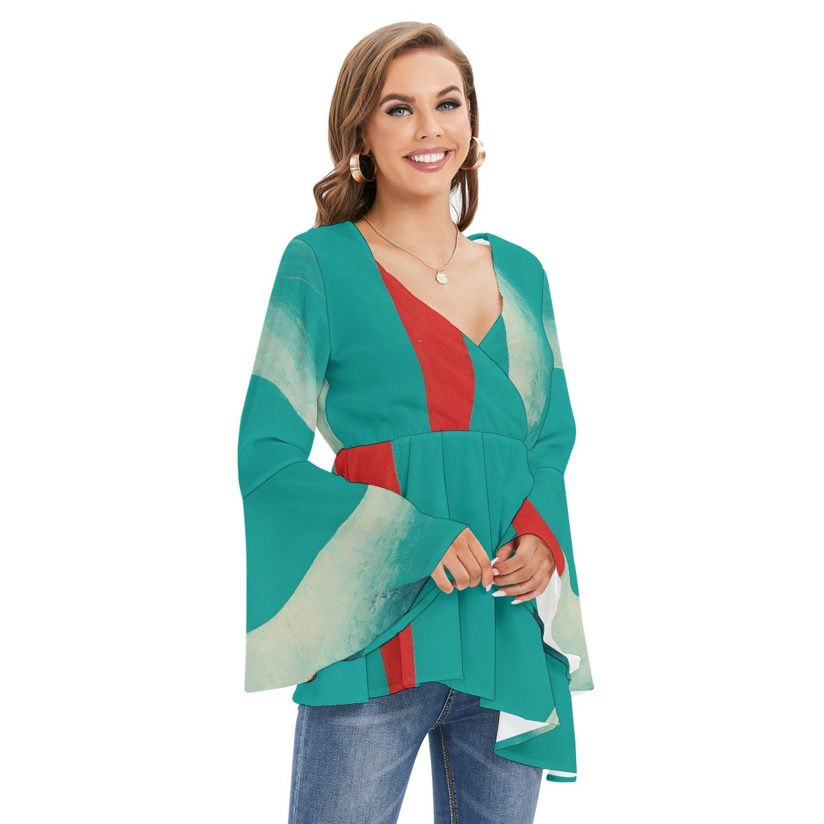 All-Over Print Women's V-neck Blouse With Flared Sleeves