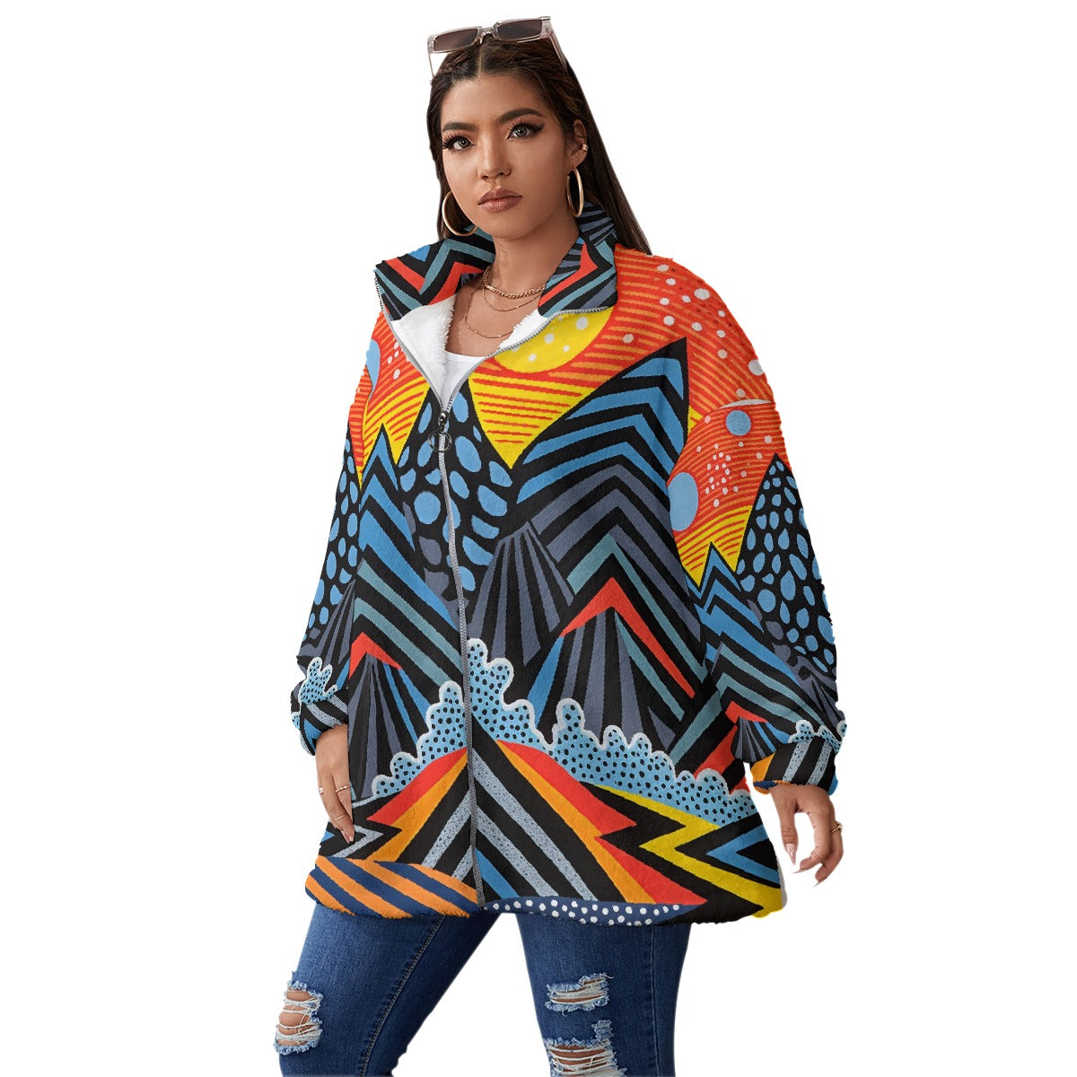 All-Over Print Unisex Borg Fleece Stand-up Collar Coat With Zipper Closure(Plus Size)