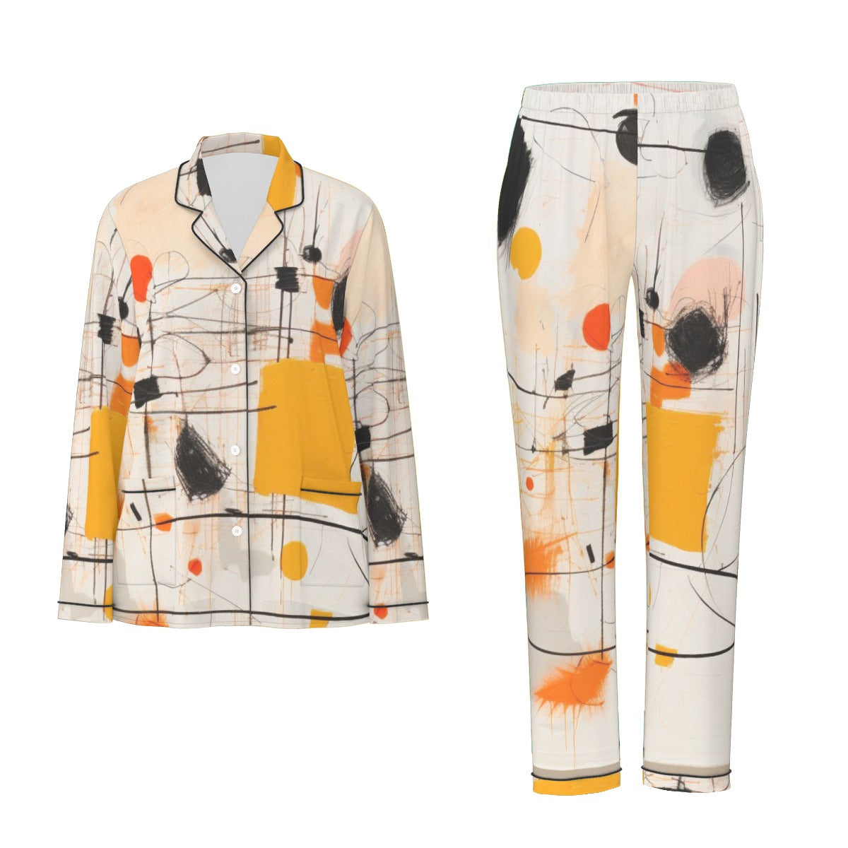 All-Over Print Women's Long Sleeve Pajama Set With Black Contrast Piping