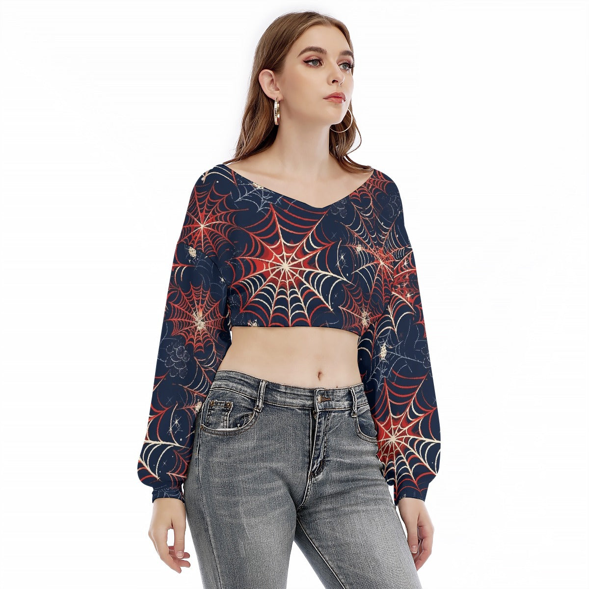 All-Over Print Women's V-neck Long Sleeve Cropped Sweatshirt