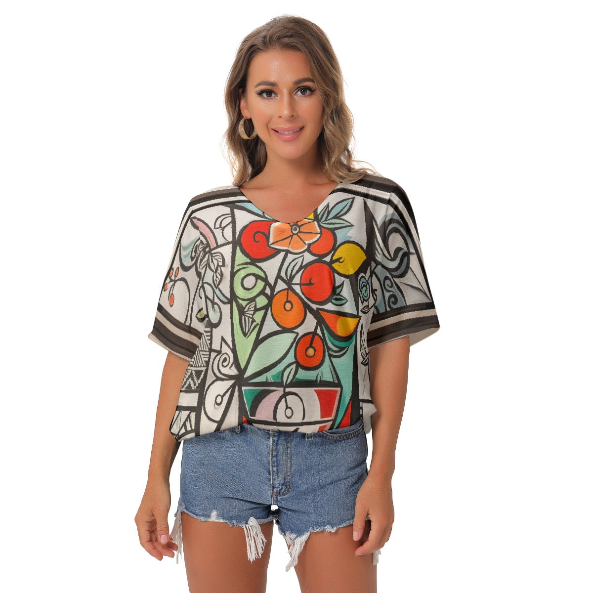 All-Over Print Women's Bat Sleeves V-Neck Blouse
