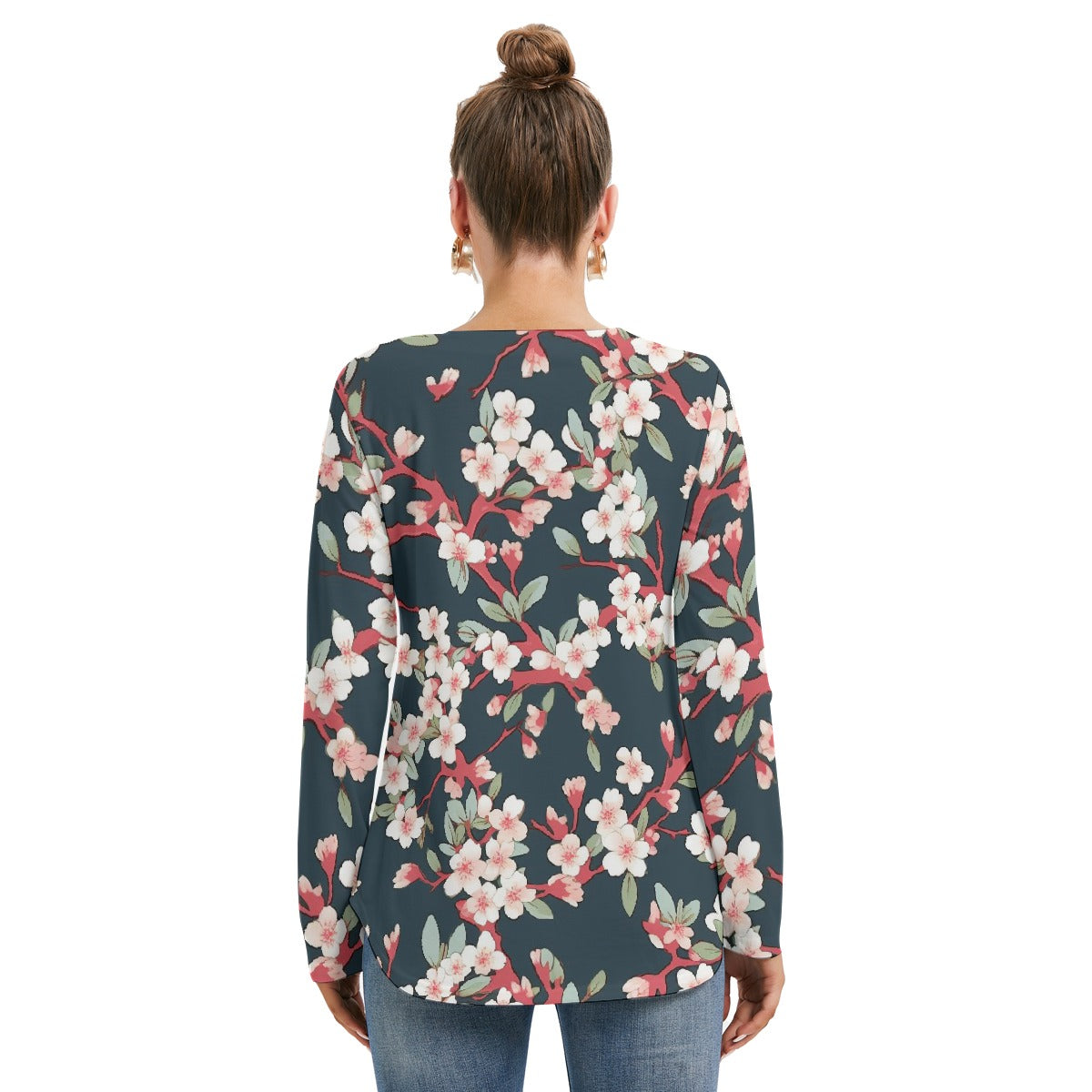 All-Over Print Women's Long Sleeve Neckline Tie Sweatshirt