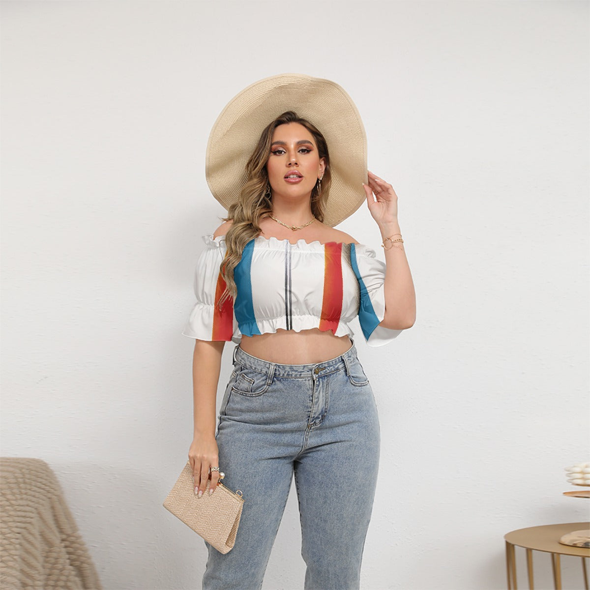 All-Over Print Women's Off-shoulder Cropped Top With Short Puff Sleeve