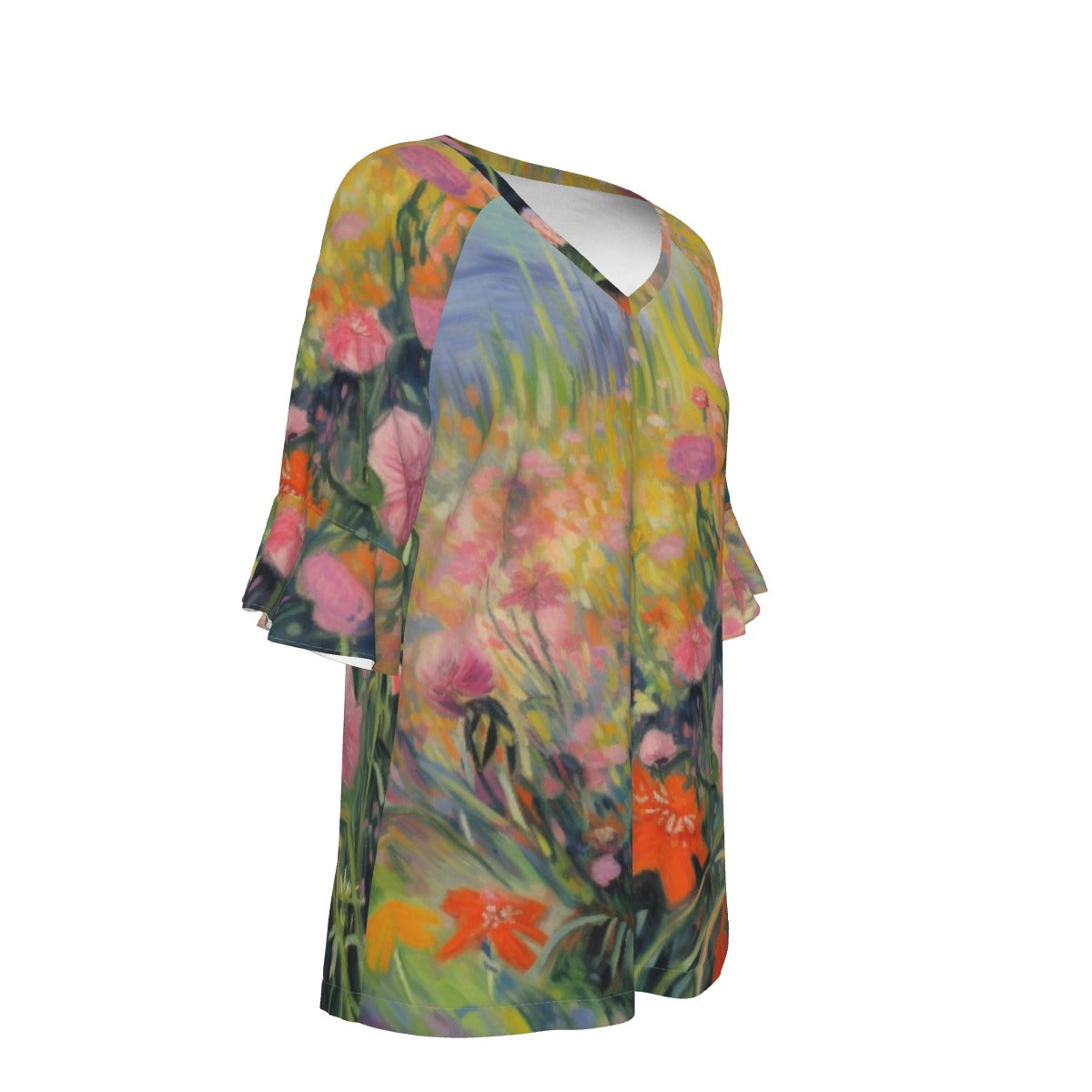All-Over Print V-neck Women's T-shirt With Bell Sleeve