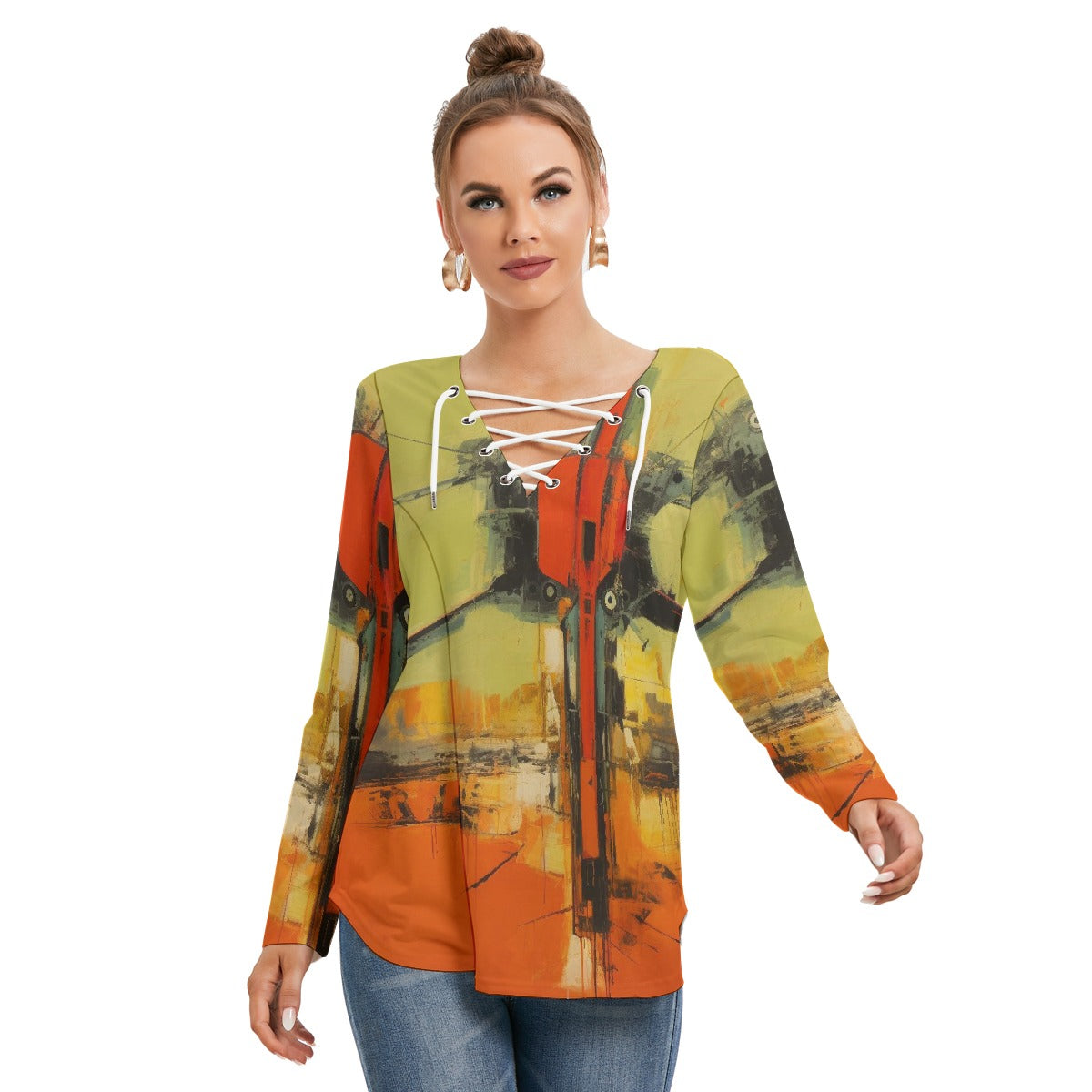 All-Over Print Women's Long Sleeve Neckline Tie Sweatshirt