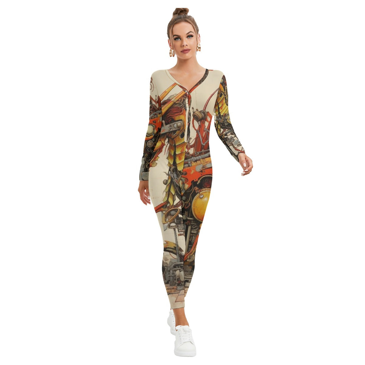 All-Over Print Women's Plunging Neck Jumpsuit