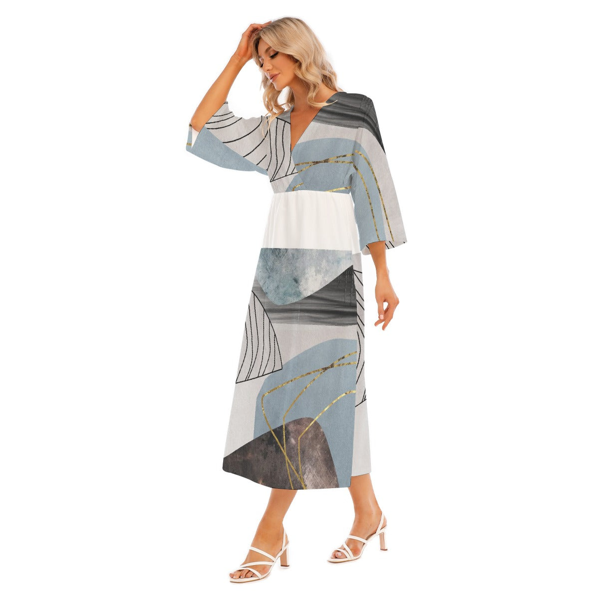 All-Over Print Women's Mid-Sleeve Long Dress