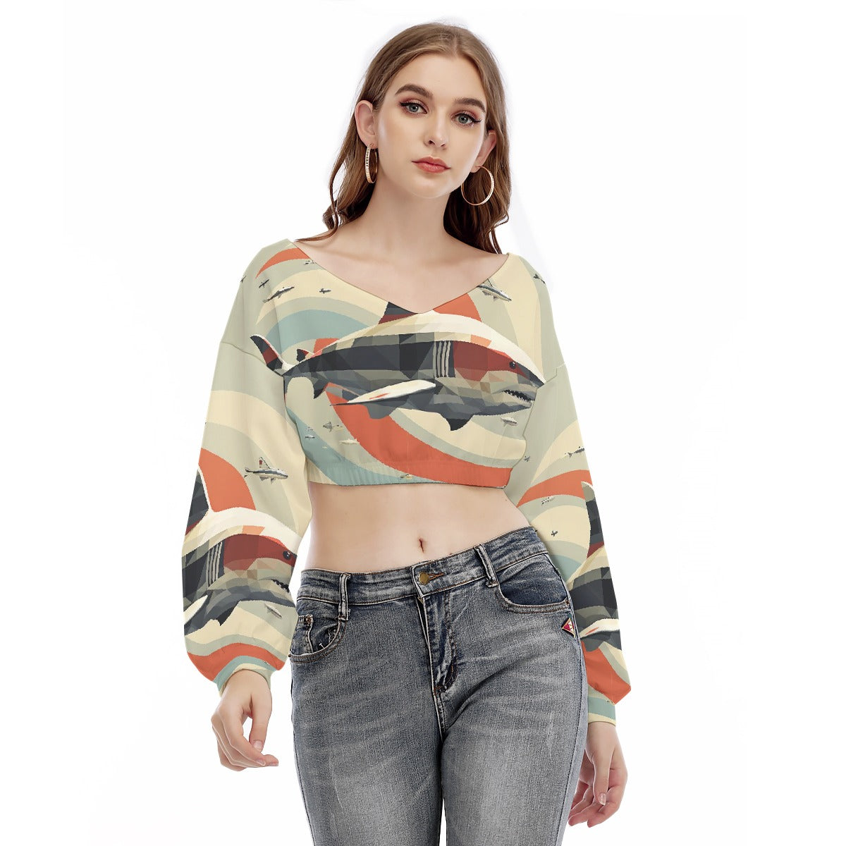All-Over Print Women's V-neck Long Sleeve Cropped Sweatshirt