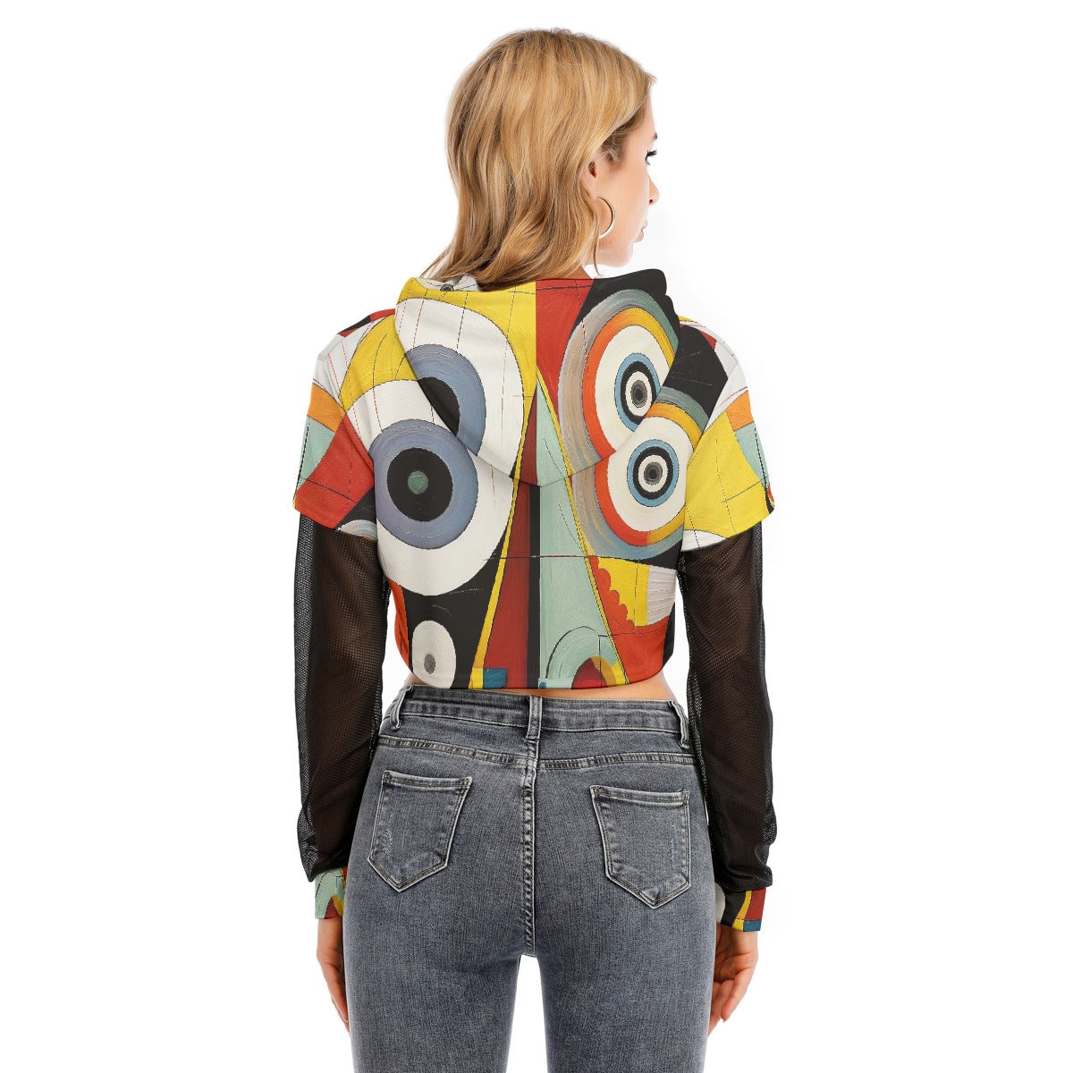 All-Over Print Women's Fake Two-piece Mesh Sleeve Cropped Hoodie
