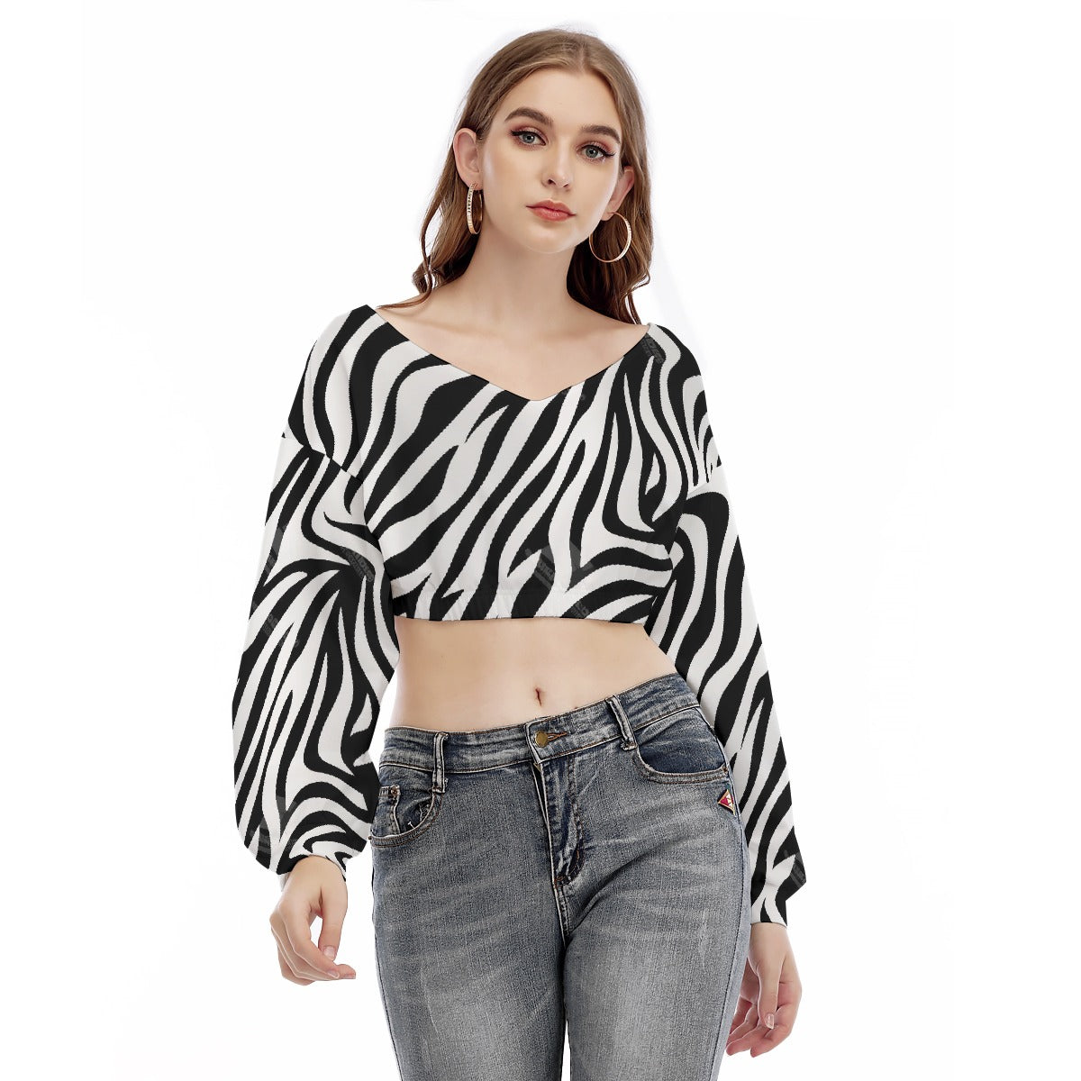 All-Over Print Women's V-neck Long Sleeve Cropped Sweatshirt