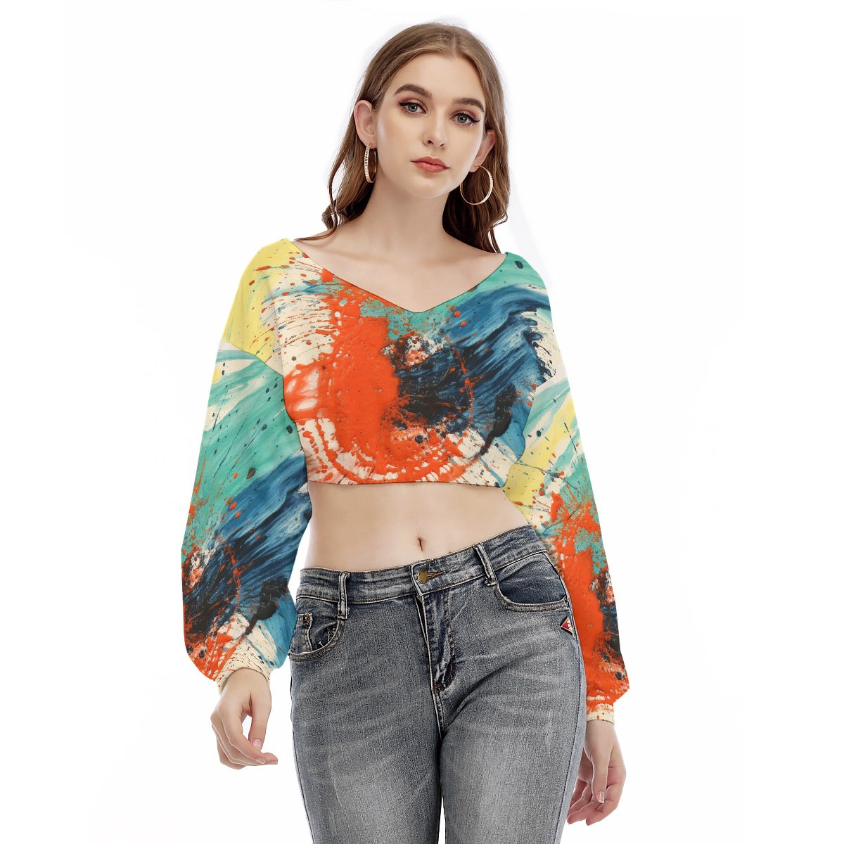 All-Over Print Women's V-neck Long Sleeve Cropped Sweatshirt