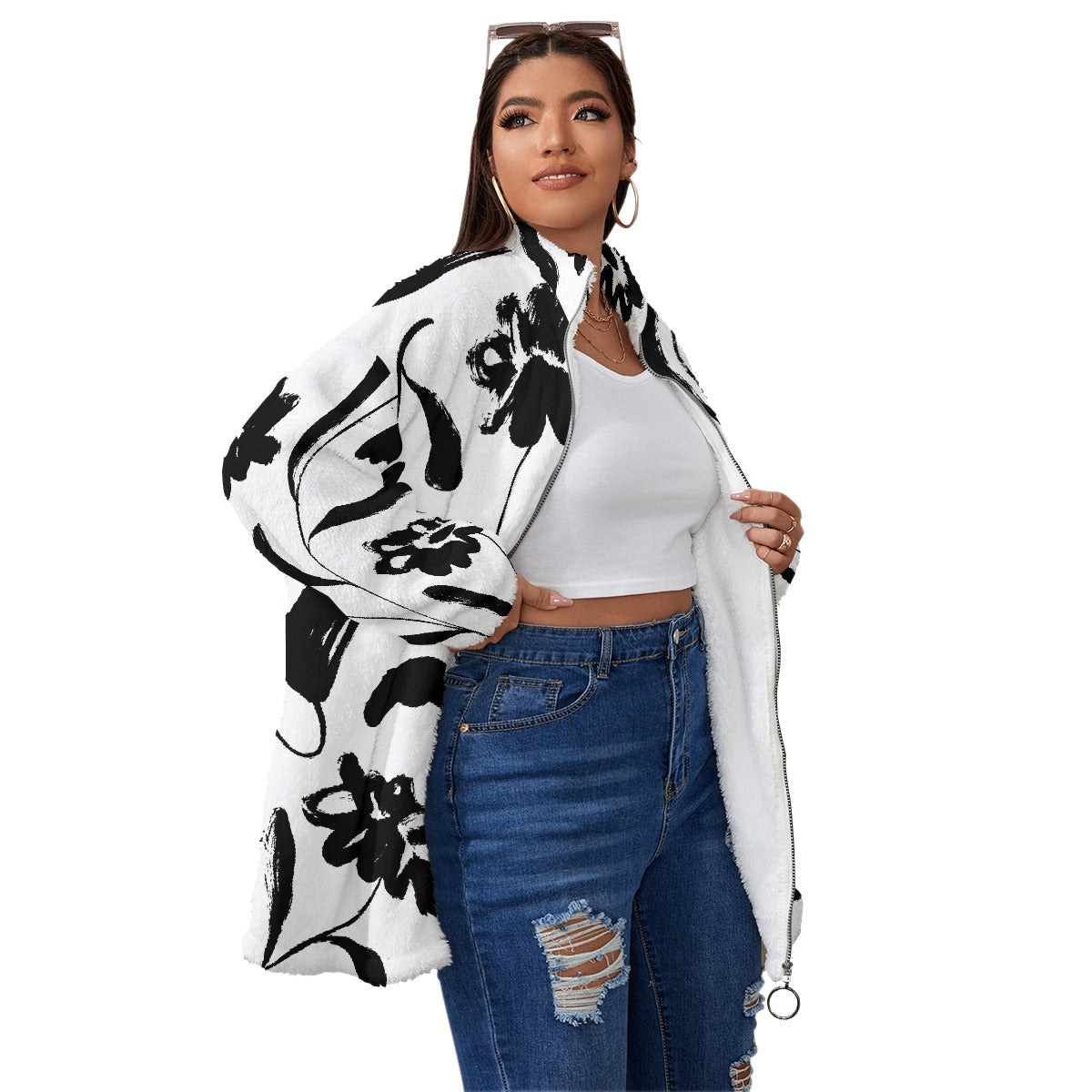 All-Over Print Unisex Borg Fleece Stand-up Collar Coat With Zipper Closure(Plus Size)