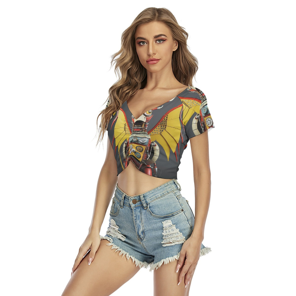 All-Over Print Women's Raglan Drawstring Front  Crop Tee