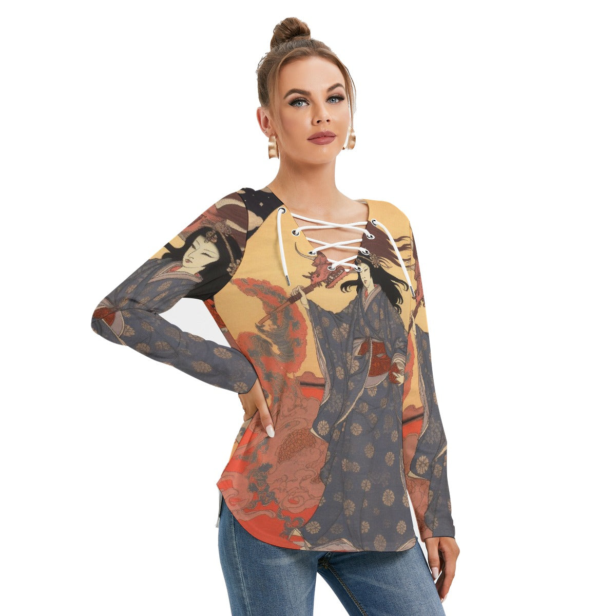 All-Over Print Women's Long Sleeve Neckline Tie Sweatshirt