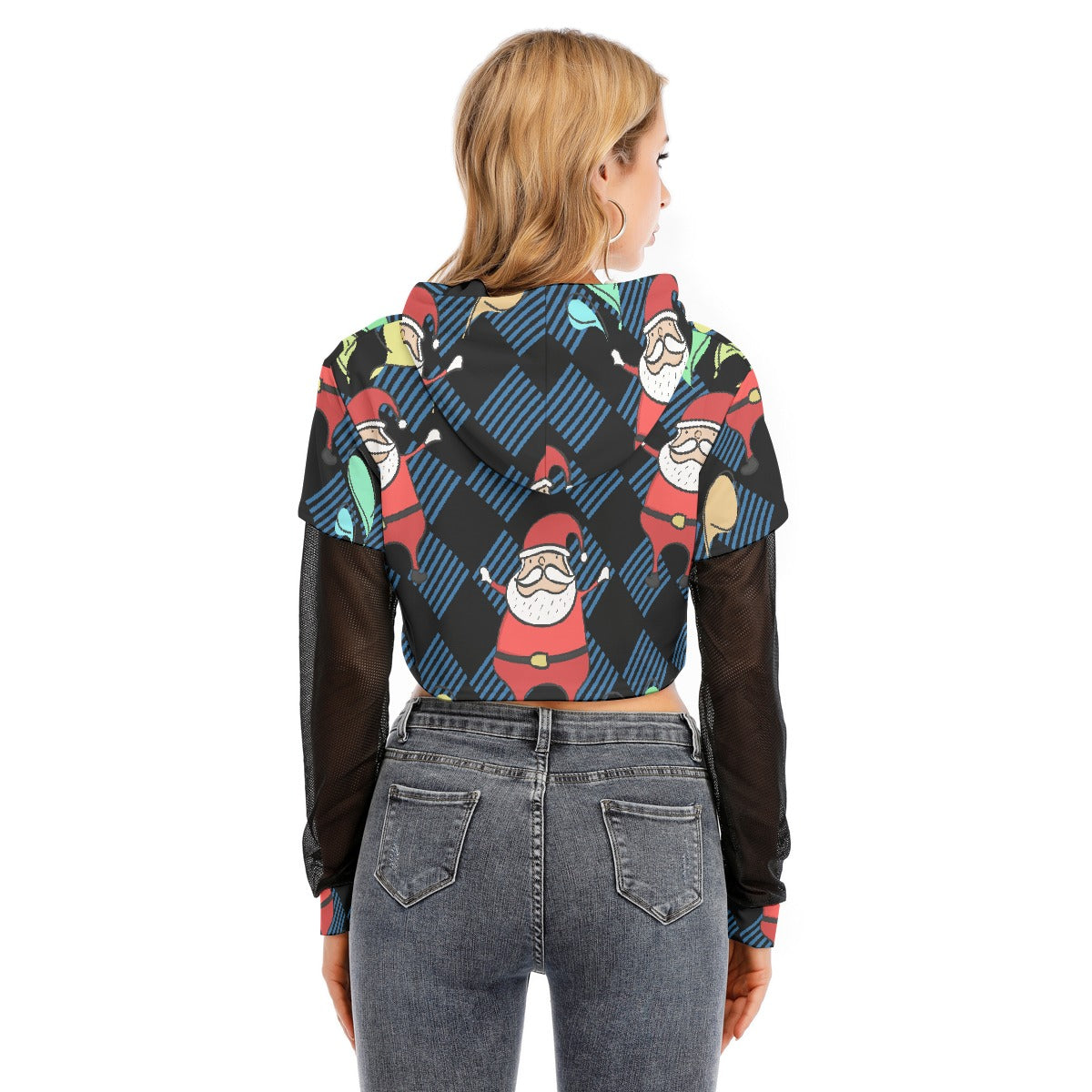 All-Over Print Women's Fake Two-piece Mesh Sleeve Cropped Hoodie