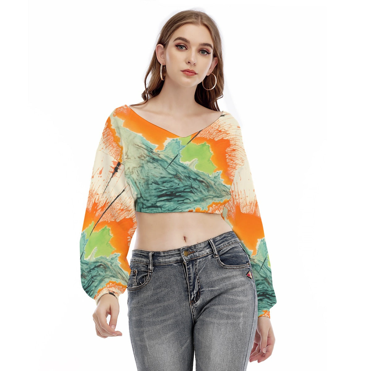 All-Over Print Women's V-neck Long Sleeve Cropped Sweatshirt