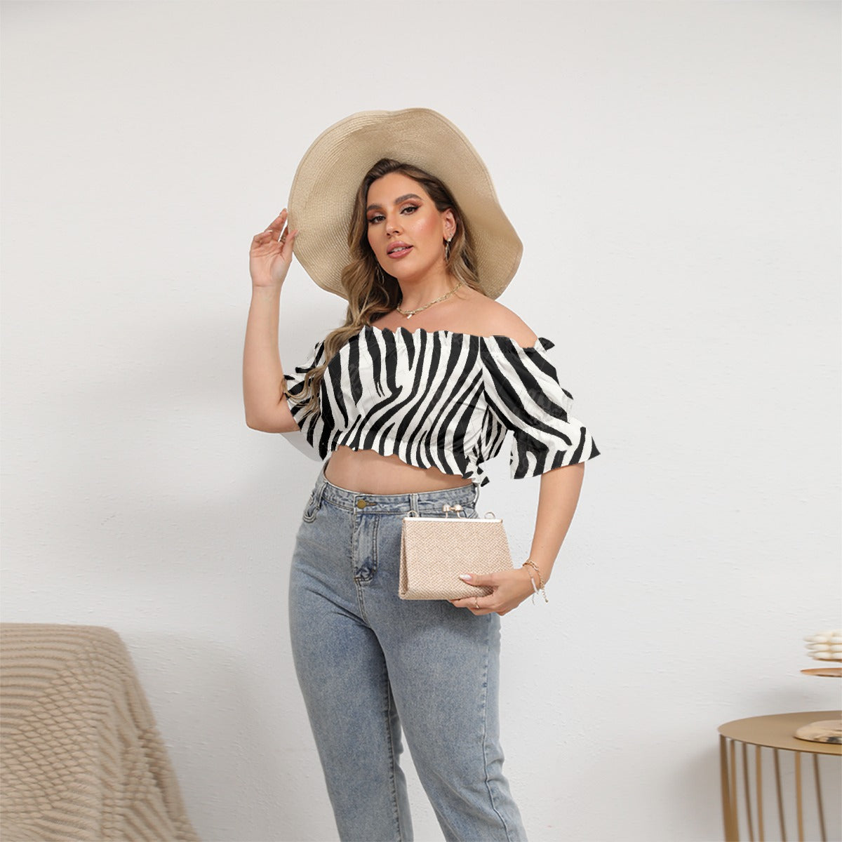 All-Over Print Women's Off-shoulder Cropped Top With Short Puff Sleeve