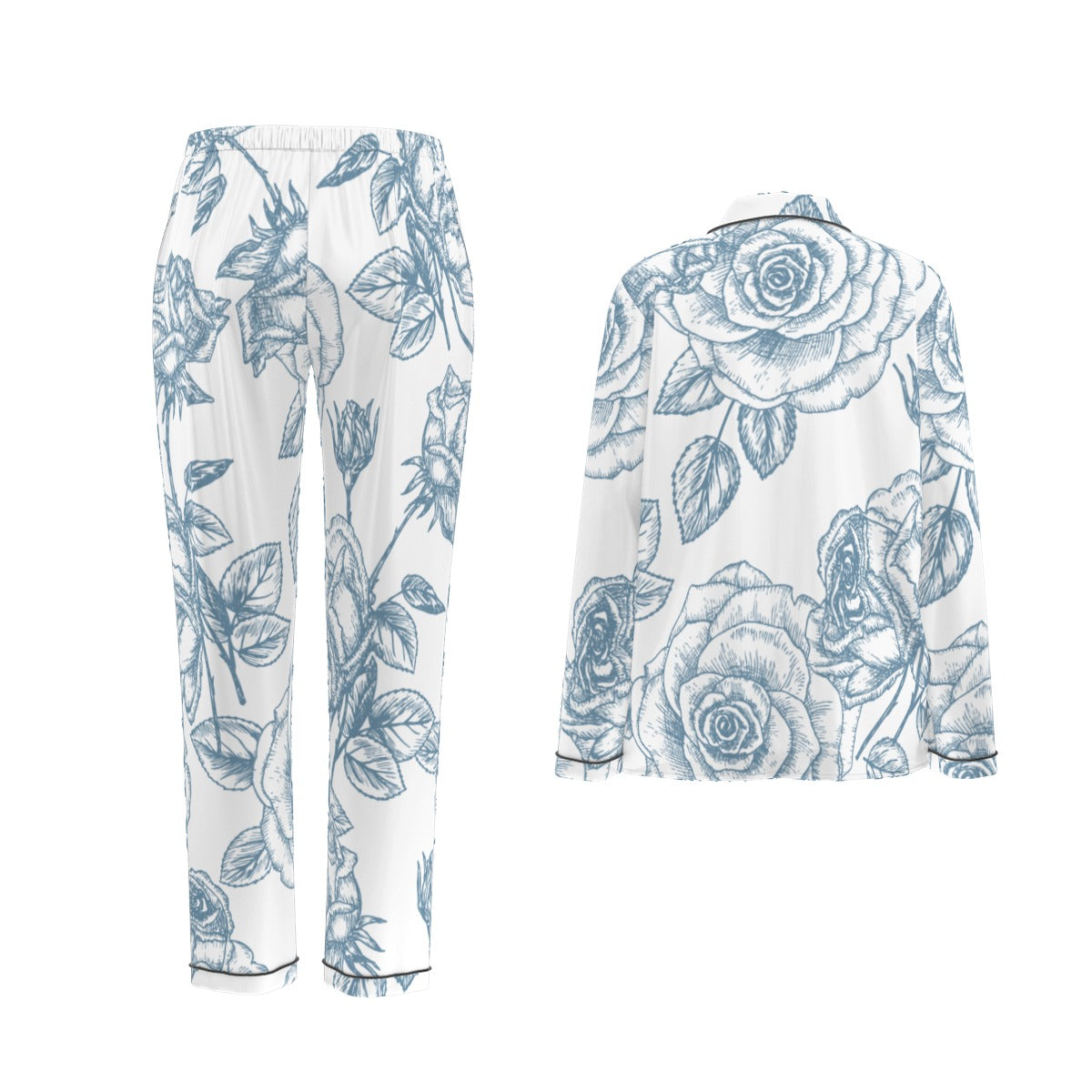 All-Over Print Women's Long Sleeve Pajama Set With Black Contrast Piping