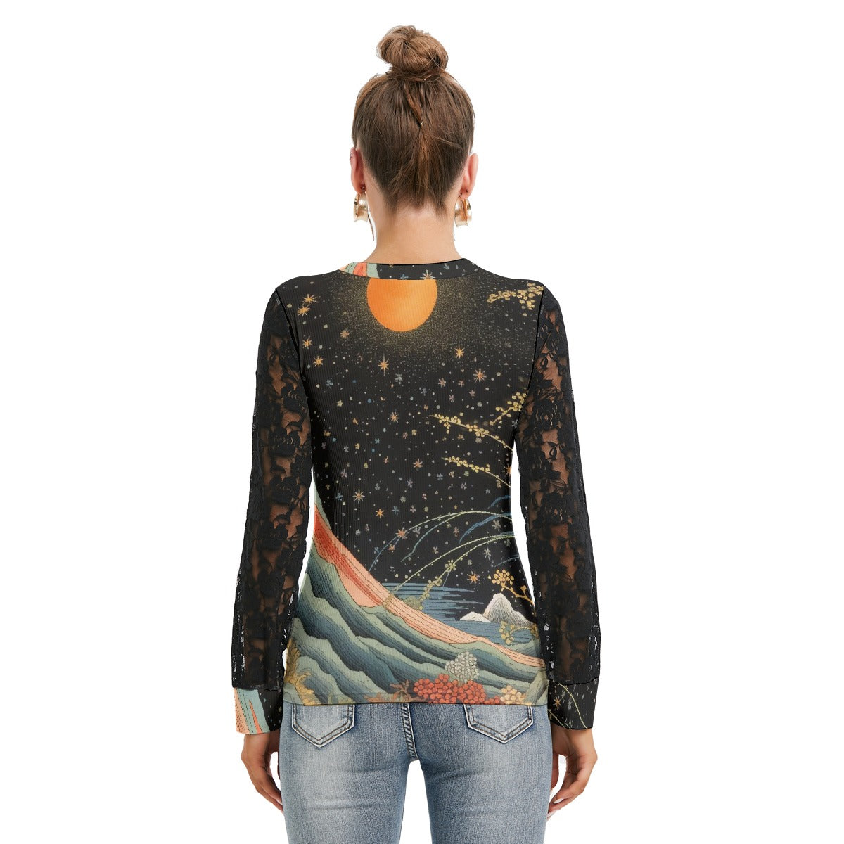 All-Over Print Women's T-shirt And Sleeve With Black Lace