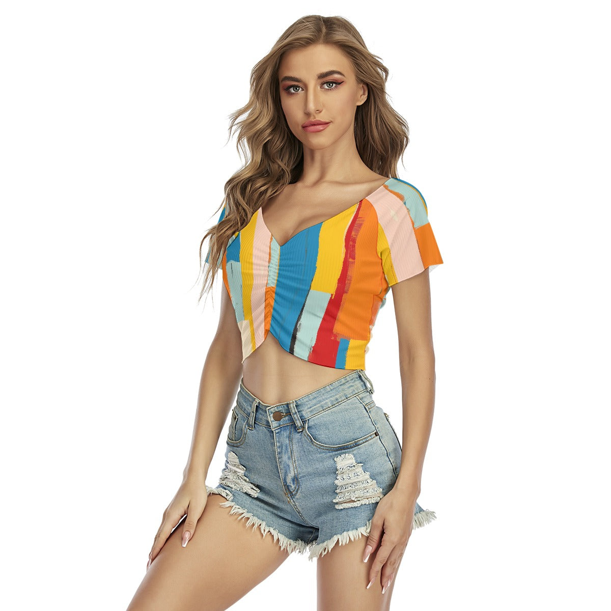 All-Over Print Women's Raglan Drawstring Front  Crop Tee