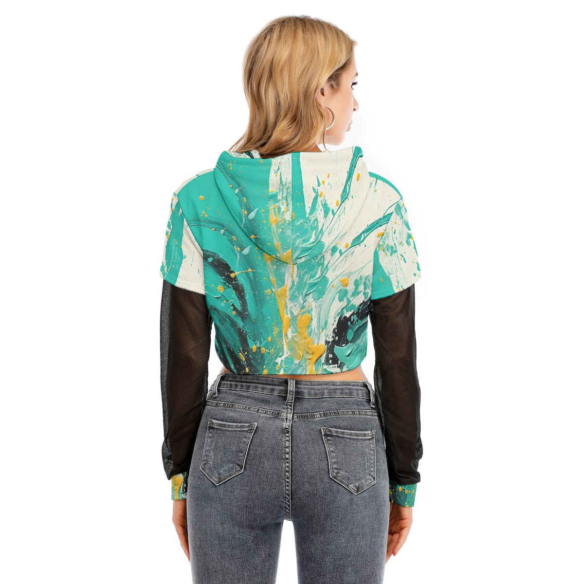 All-Over Print Women's Fake Two-piece Mesh Sleeve Cropped Hoodie