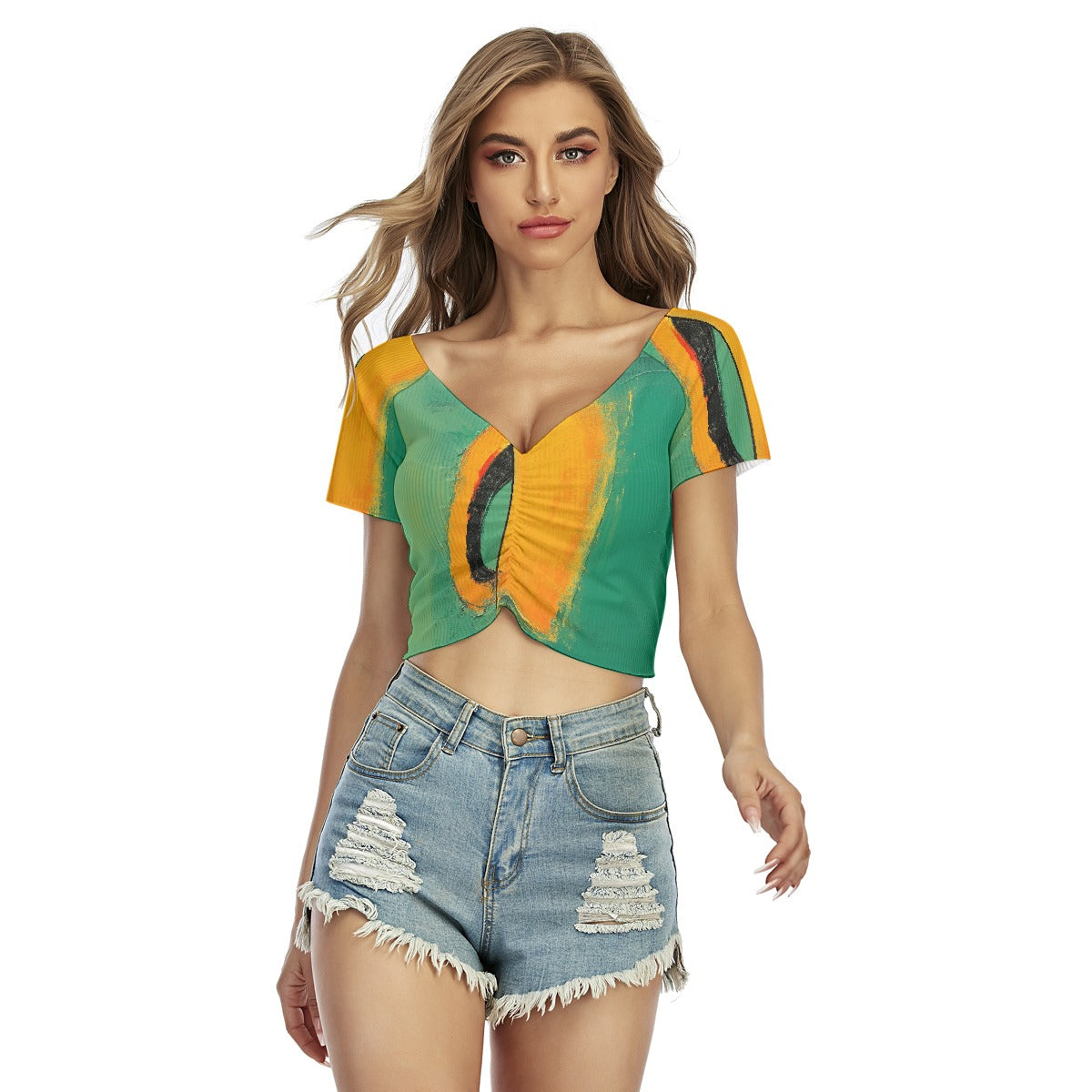 All-Over Print Women's Raglan Drawstring Front  Crop Tee