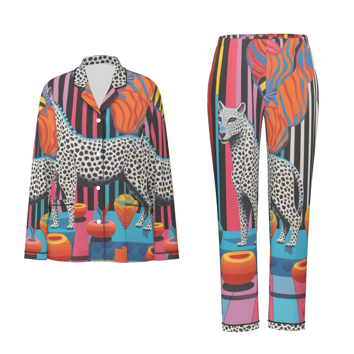 All-Over Print Women's Long Sleeve Pajama Set With Black Contrast Piping