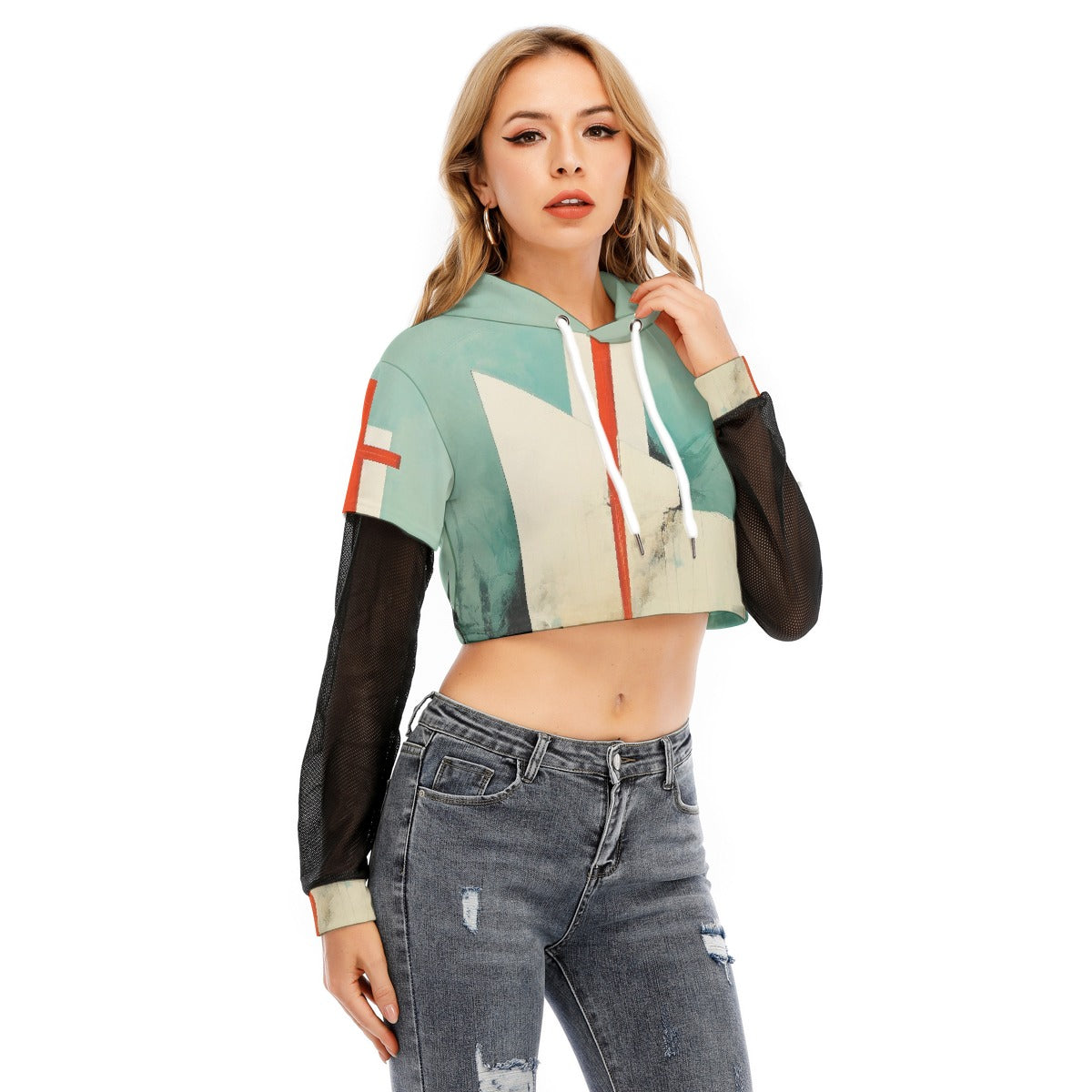 All-Over Print Women's Fake Two-piece Mesh Sleeve Cropped Hoodie
