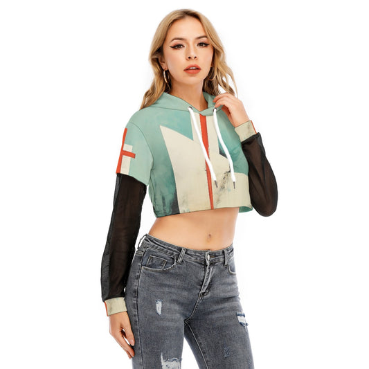 All-Over Print Women's Fake Two-piece Mesh Sleeve Cropped Hoodie