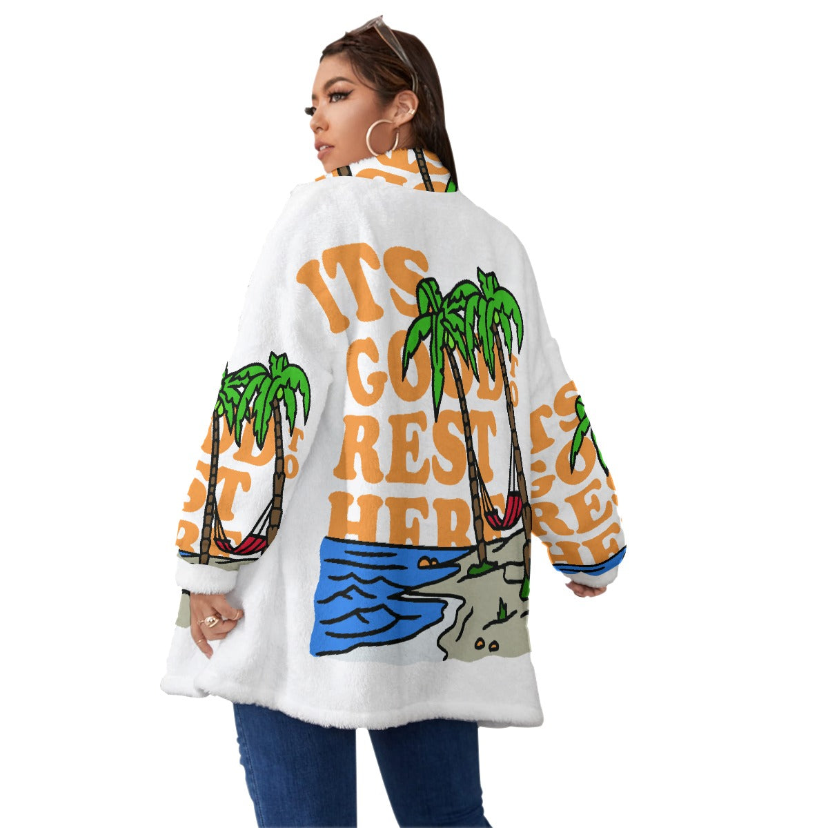 All-Over Print Unisex Borg Fleece Stand-up Collar Coat With Zipper Closure(Plus Size)