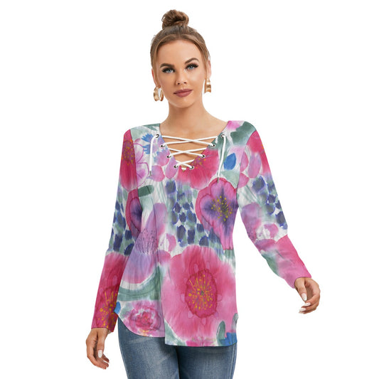 All-Over Print Women's Long Sleeve Neckline Tie Sweatshirt