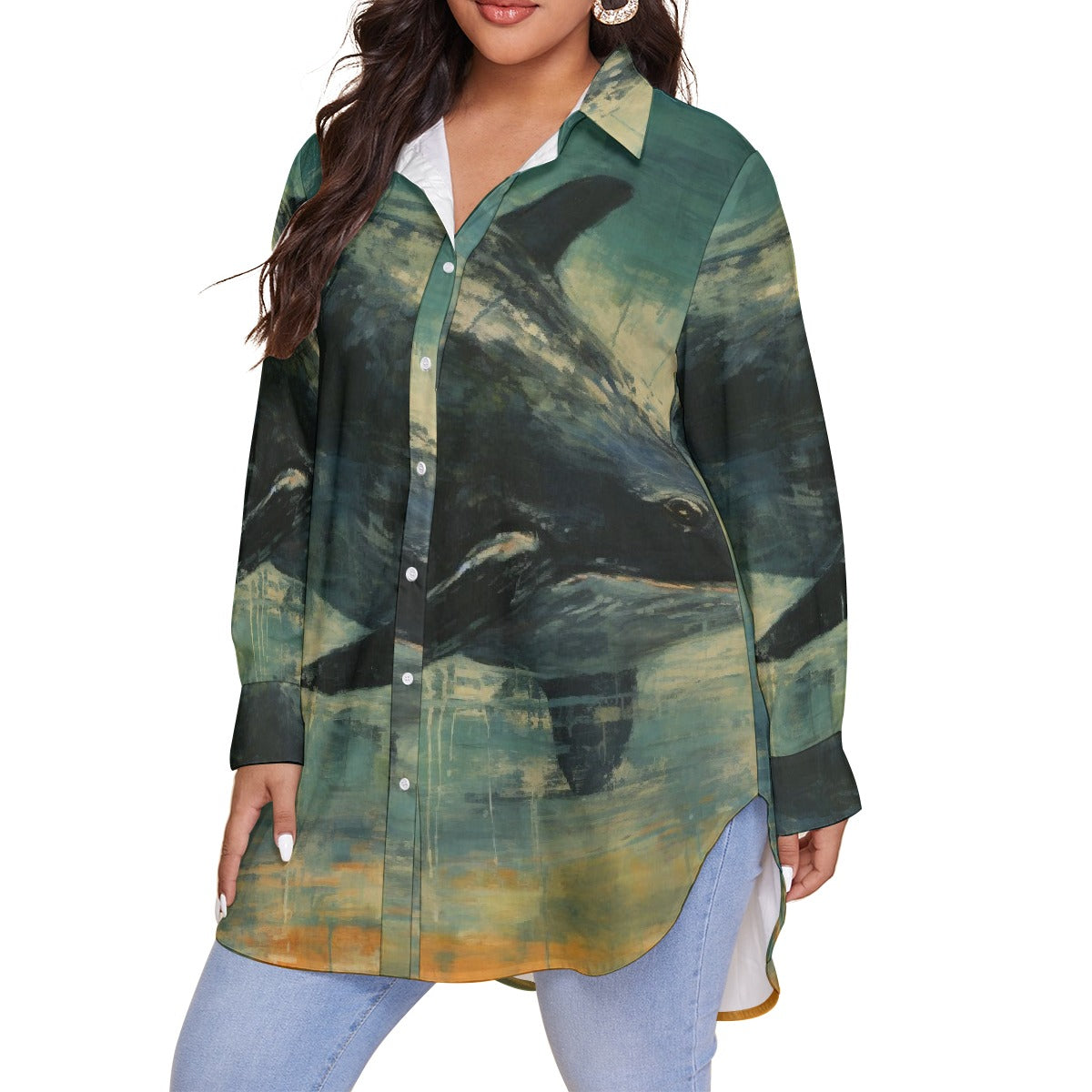 All-Over Print Women's Shirt With Long Sleeve(Plus Size)