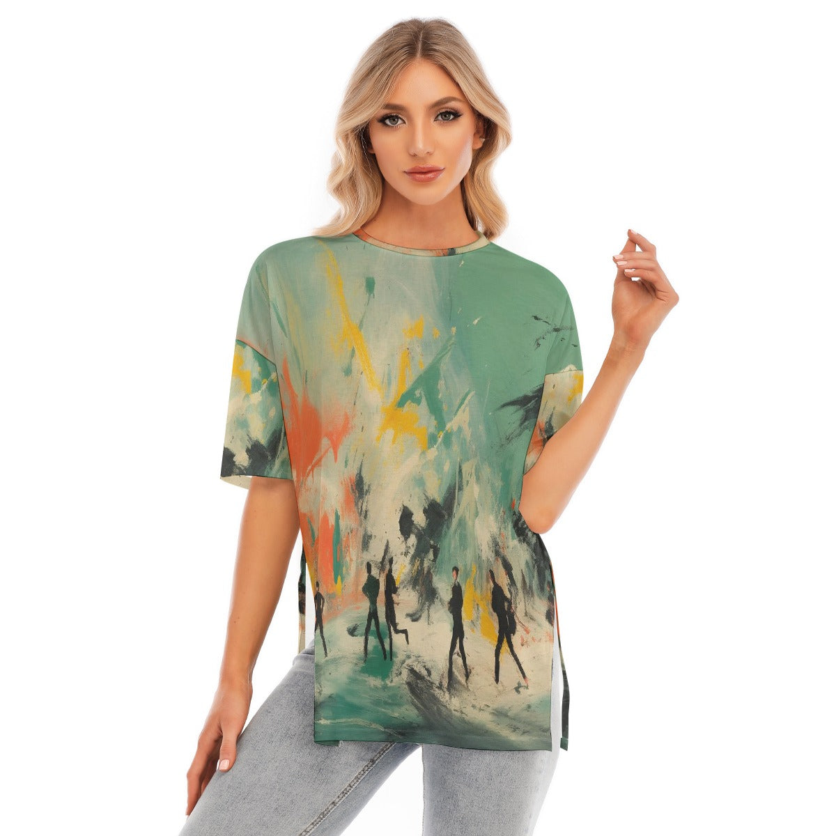 All-Over Print Women's Short Sleeves T-shirt With Hem Split