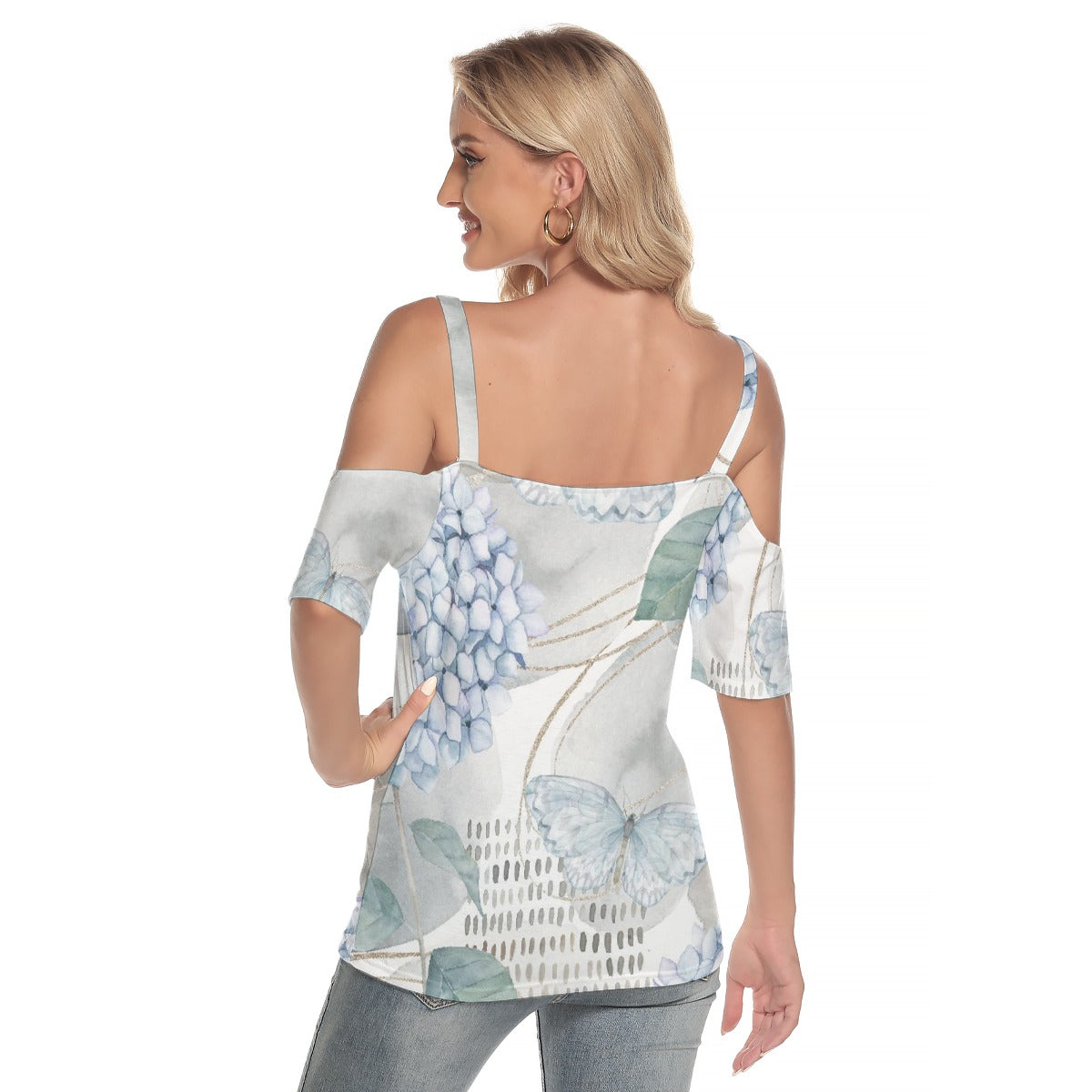 All-Over Print Women's Cold Shoulder T-shirt With Criss Cross Strips