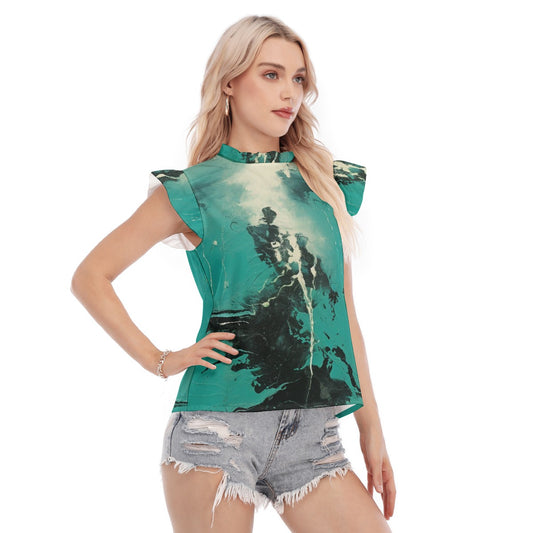 All-Over Print Women's Blouse With Ruffle Collar And Sleeve