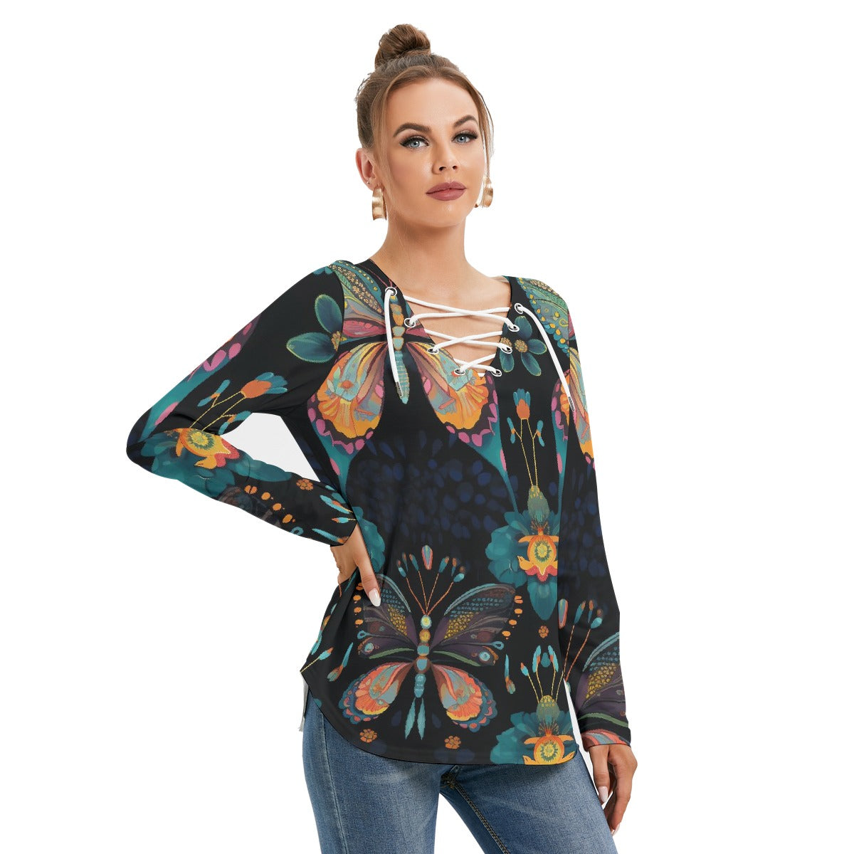 All-Over Print Women's Long Sleeve Neckline Tie Sweatshirt