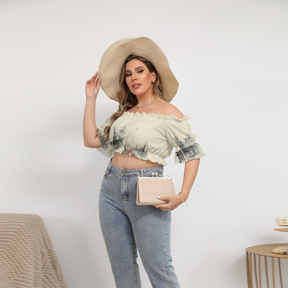 All-Over Print Women's Off-shoulder Cropped Top With Short Puff Sleeve