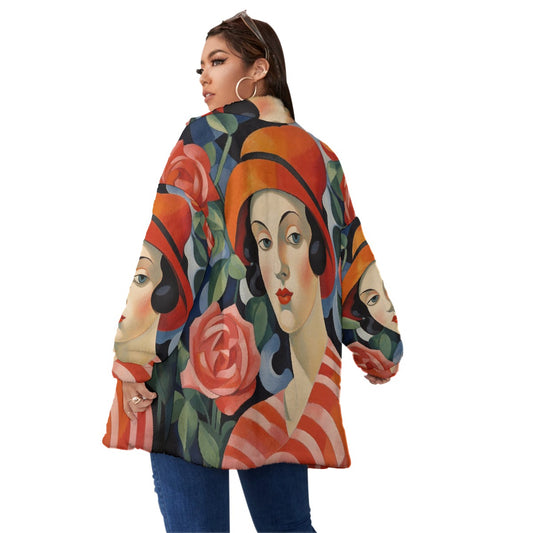 All-Over Print Unisex Borg Fleece Stand-up Collar Coat With Zipper Closure(Plus Size)