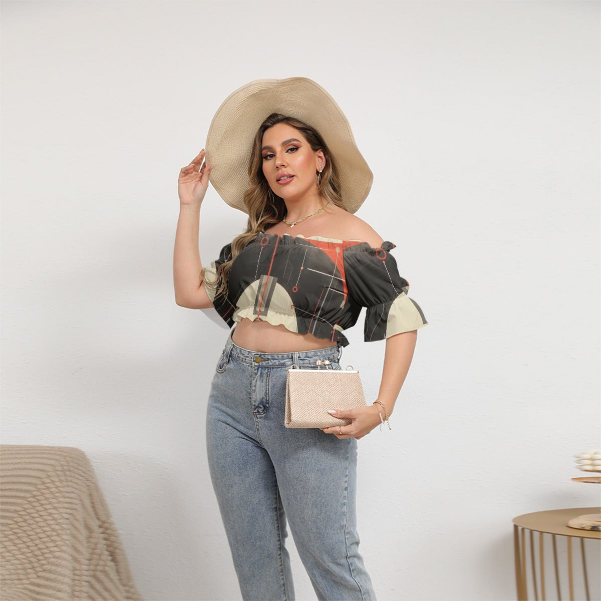 All-Over Print Women's Off-shoulder Cropped Top With Short Puff Sleeve