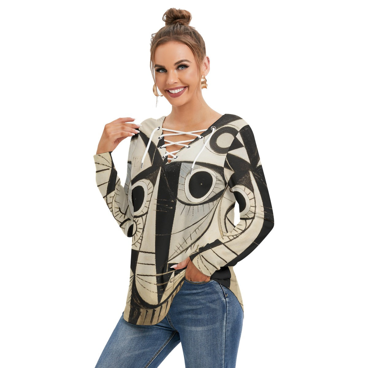 All-Over Print Women's Long Sleeve Neckline Tie Sweatshirt
