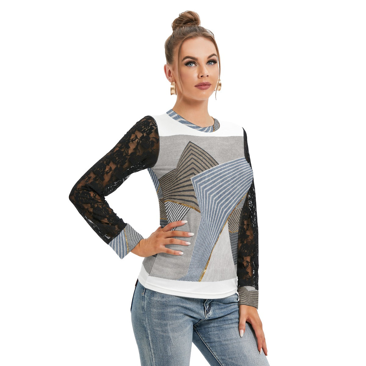 All-Over Print Women's T-shirt And Sleeve With Black Lace