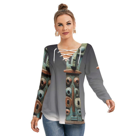All-Over Print Women's Long Sleeve Neckline Tie Sweatshirt