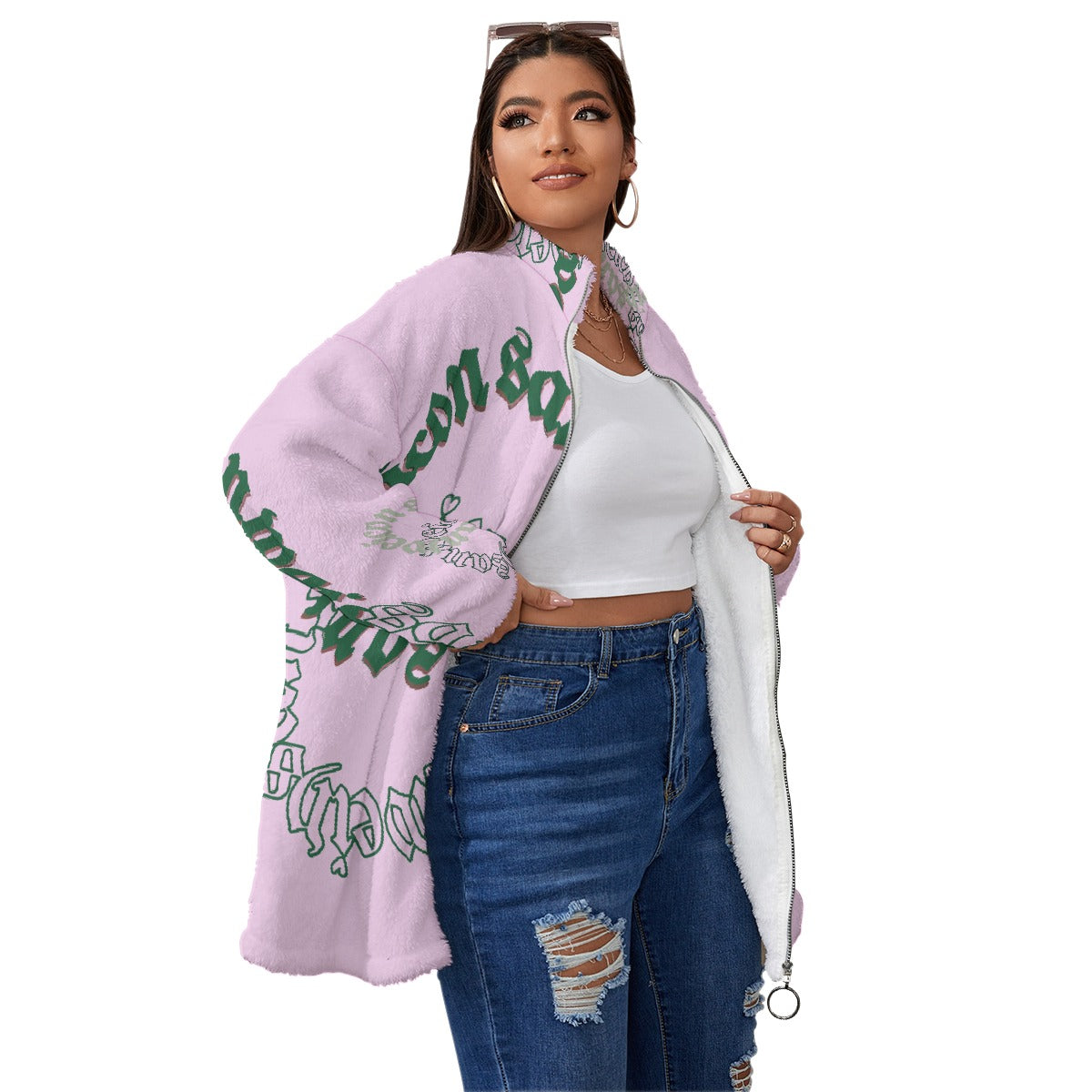 All-Over Print Unisex Borg Fleece Stand-up Collar Coat With Zipper Closure(Plus Size)